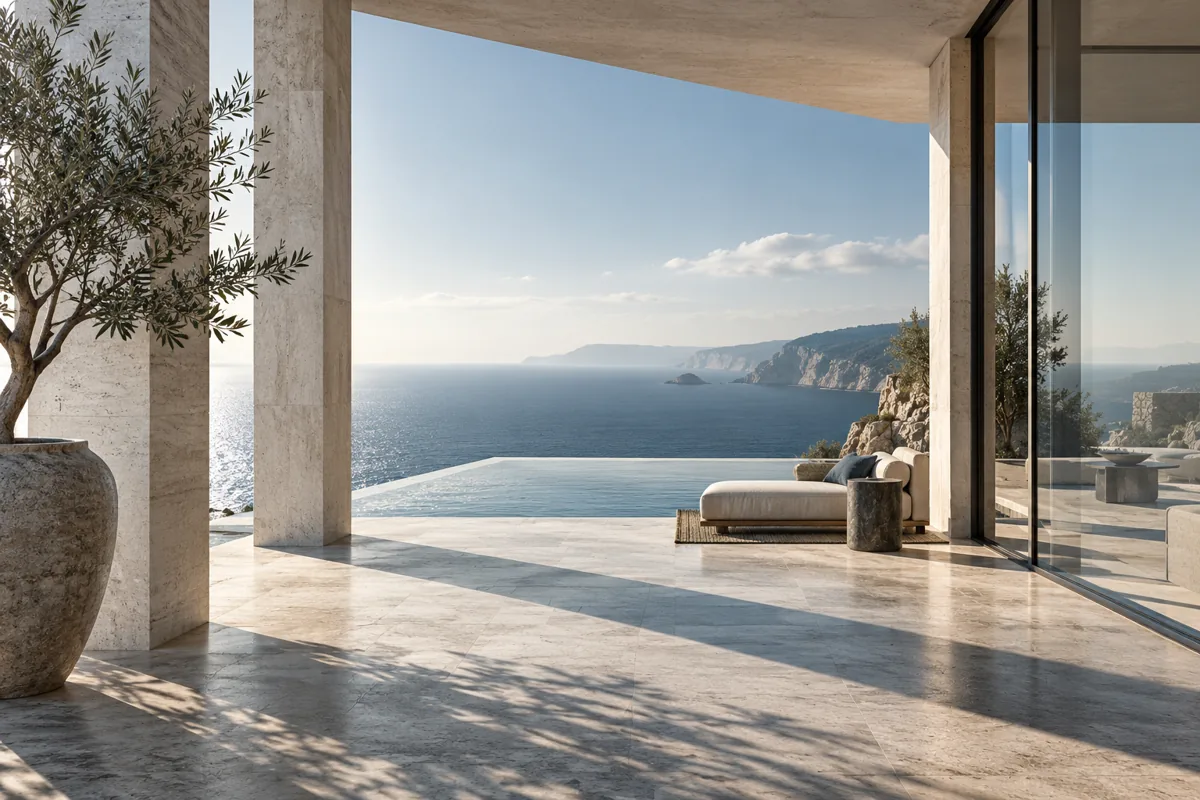 Render conceptual de arquitectura mediterránea y horizonte marino