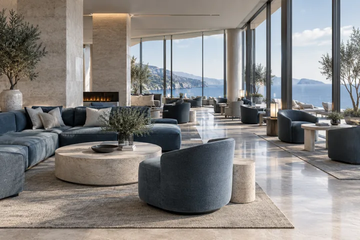 Render de un salón hotelero contemporáneo